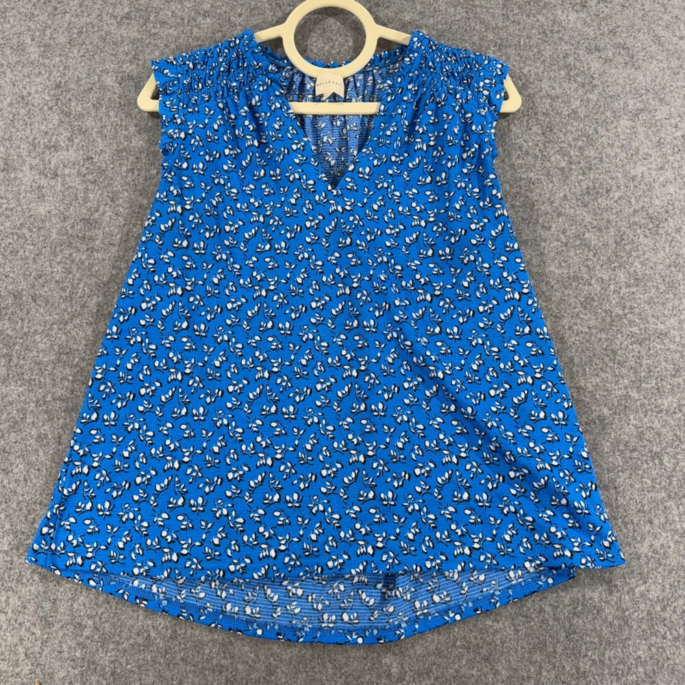 Melloday Blue Floral V-Neck Sleeveless Smocked Shoulder Blouse Top Medium